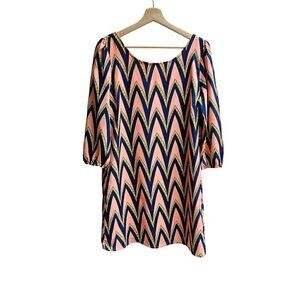 Chevron Pink & Navy Dress With 3/4 Sleeves By Pink Owl Apparel, Size Medium